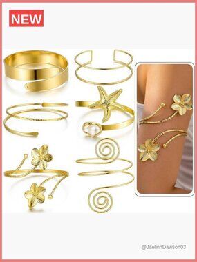 6 Piece Gold Cuff Bracelet Set, Boho Upper Arm Bangle Stackable Jewelry